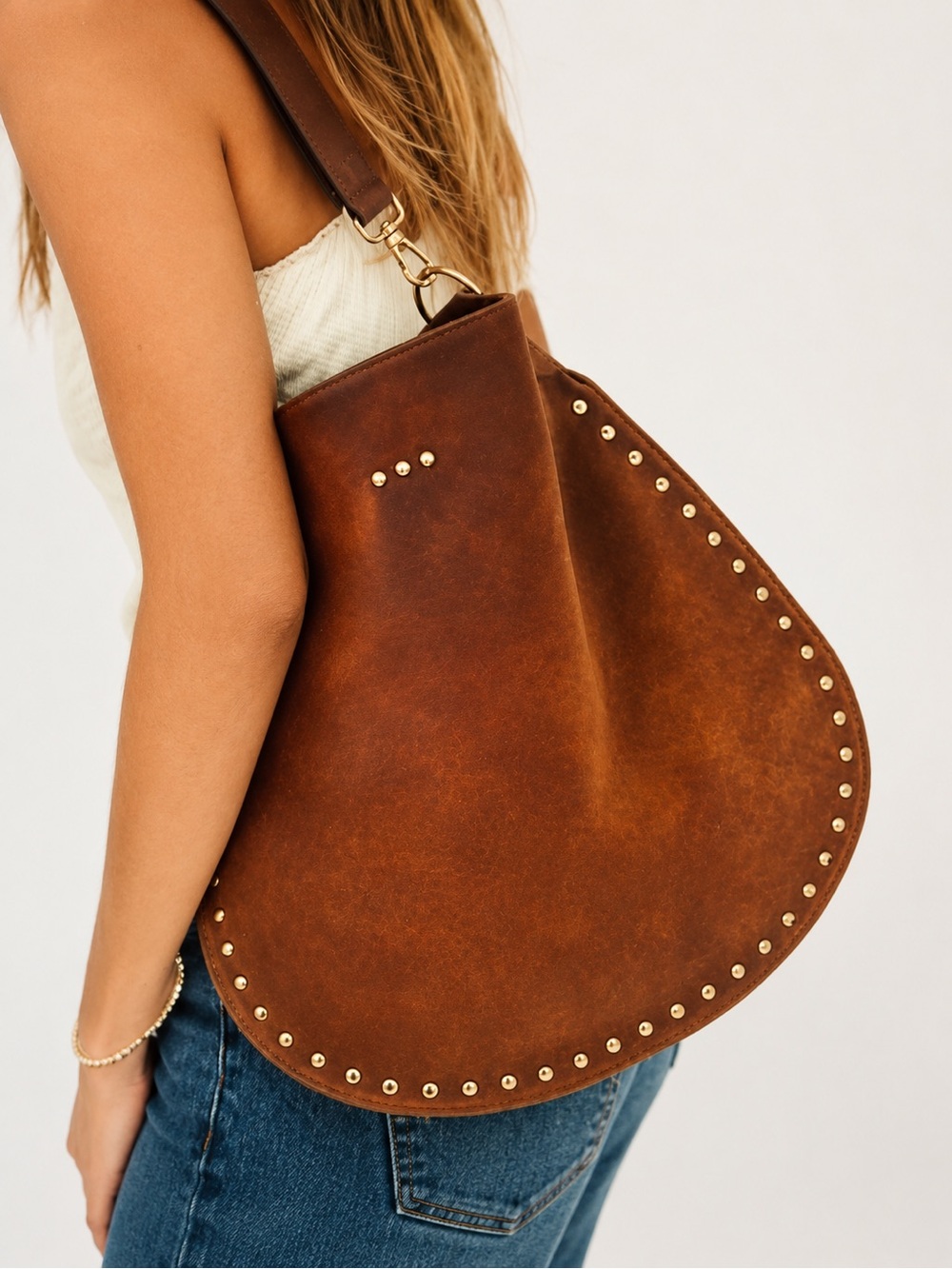 Rivet Suede Hobo Bag-Camel - Picture 3 of 6